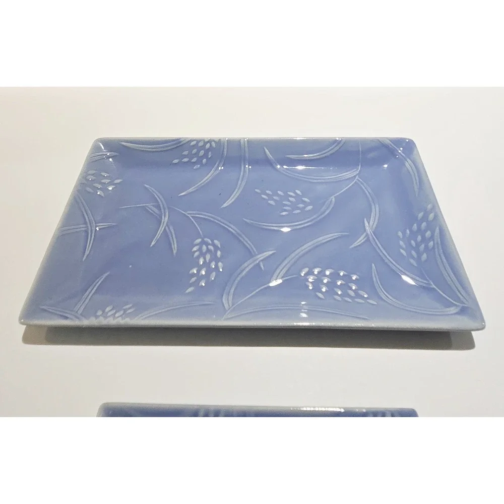 Crabtree & Evelyn Blue Wheat Ceramic Soap Dish Caddy Trinket Tray Rare!
